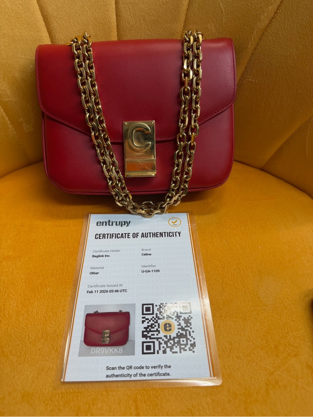 Celine Red Leather Shoulder Bag with Gold Chain - COA included